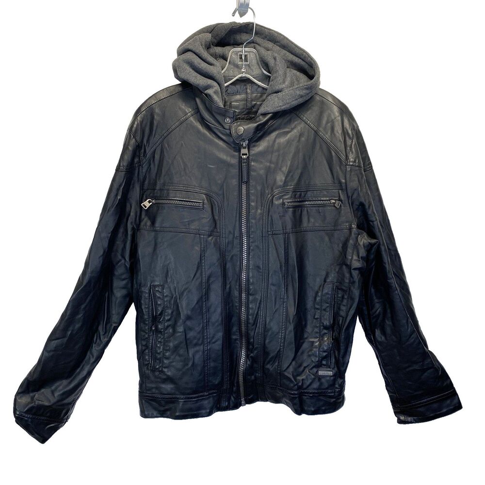 Calvin Klein Faux Leather Moto Jacket Men's M Black Removeable Gray Hood Insert